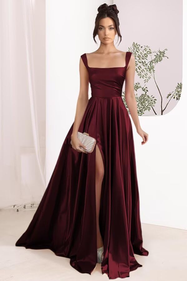 Stylefun Women's Satin A Line Bridesmaid Dresses with Slit Long Square Neck Formal Cocktail Party Dress with Pockets CYM2973