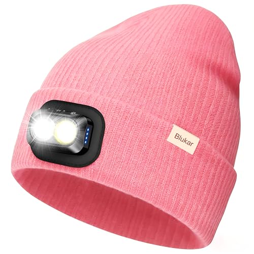 Blukar Gorro con luz LED, 2 en 1 Superbrillante Recargable Gorro para Correr, 5 Modos de Iluminación, Manos Libres Ángulo Ajustable Linterna Frontal, Invierno Cálido Regalos para Hombre y Mujer