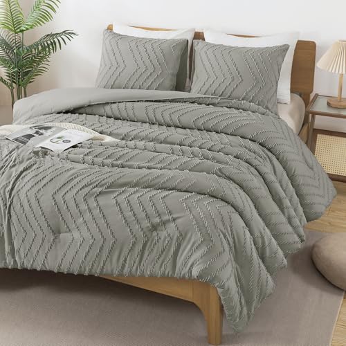 Image of Andency Medium Grey Comforter Set King Size, Boho Soft Warm Tufted Bedding Comforter Sets for King Size Bed, 3 Pieces Aesthetic Chevron Farmhouse Cute Bohemian Textured Bedding Set