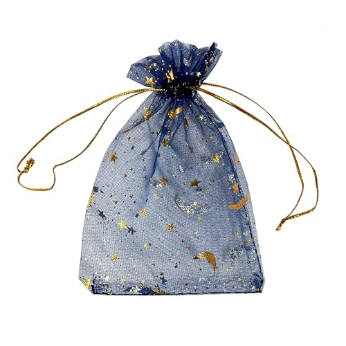 Image of YHJZ 100PCS Moon Star Organza Bags, 4x6 inches (10x15cm) Small Mesh Bags Drawstring, Jewelry Gift Bags for Wedding, Party, Festival (Blue)