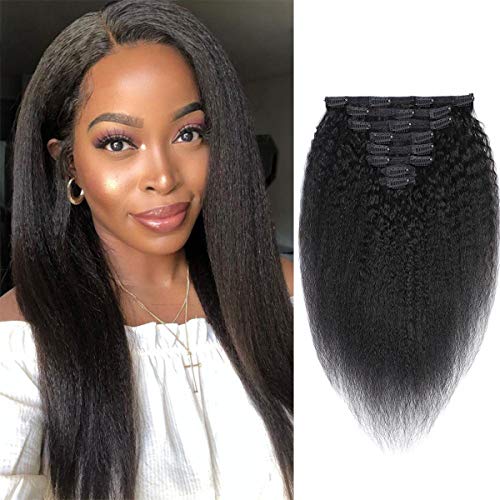 Clip in Hair Extensions Kinky Straight Hair 130 Gram 100% YAKI Human Hair Pcs Hair Extensions for Black Women Virgin Hair 20 Inch，#1B Natural Black