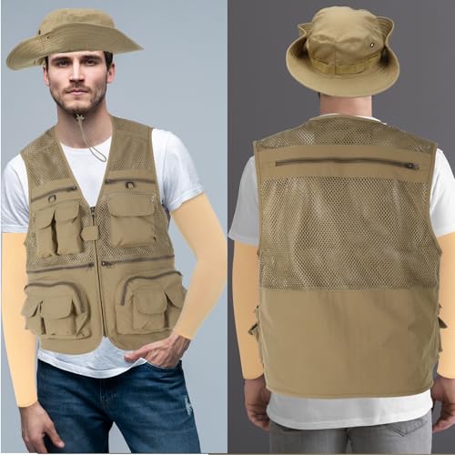 4 Pcs Fishing Vest and Hat for Men Safari Vest with Pockets Include Summer Lightweight Outdoor Jacket with Bucket Hat Fishing Gloves Ice Silk Sleeves for Outdoor Work4