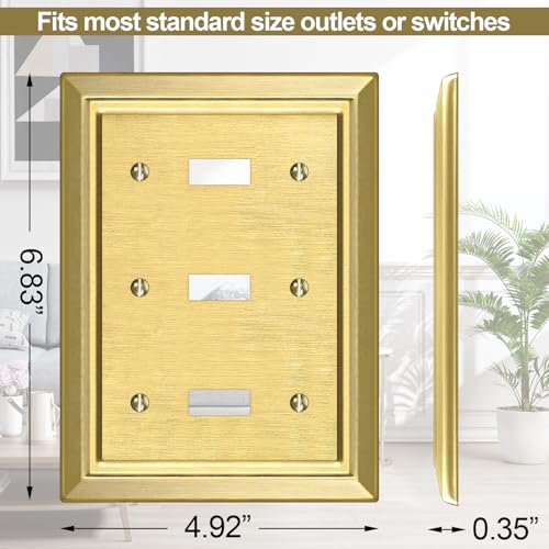 Metal Wall Plate for Electrical Outlets, Decorative Brass Gold Switch Plates Outlet Cover, Light Switch Cover Plate, 3-Gang Wall Plates (Triple Toggle, 1 Pack) by Dyekou - Image 2