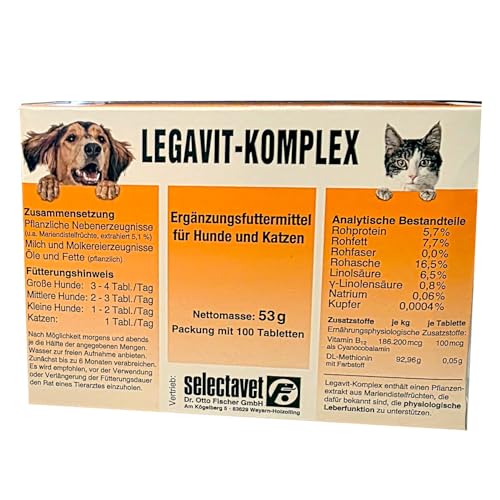 Selectavet LEGAVIT-KOMPLEX | 100 Tabletten | Diät-Ergänzungsfuttermittel für Hunde und Katzen | Zur Unterstützung der Leberfunktion bei chronischer Leberinsuffizienz
