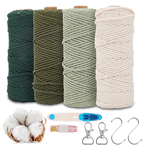 RANJIMA Hilo de macramé de 3mm x 50m, Juego de macramé, 4 Pcs Hilo de algodón Natural con Accesorios de macramé para Colgar en la Pared, Colgar Plantas y Decoraciones de Boda, DIY Manualidades
