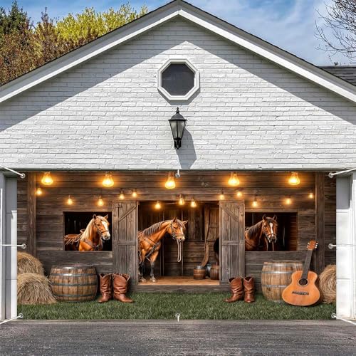 16X7FT Western Cowboy Garage Door Decorations Vintage Wild West Wooden Old House Door Banner Cover Rodeo Photography Backdrop Farmhouse Horse Barn Door Birthday Party Photo Backdrops Wall Background