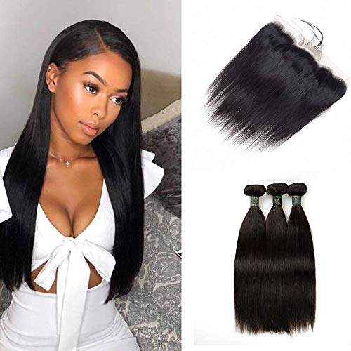 TOOCCI Gerade Bündel mit Frontal,Straight Hair Bundles Weave with 13x4 Ear To Ear Lace Frontal Brasilianische Jungfrau Menschliches Haar Mit Babyhaar Schwarz Haarverlängerung(12 12 12+8frontal) Cover