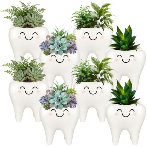 FoldTier Dental Hygienist Gift Cute Tooth Shaped Planter Flower Pot, 8 Pcs