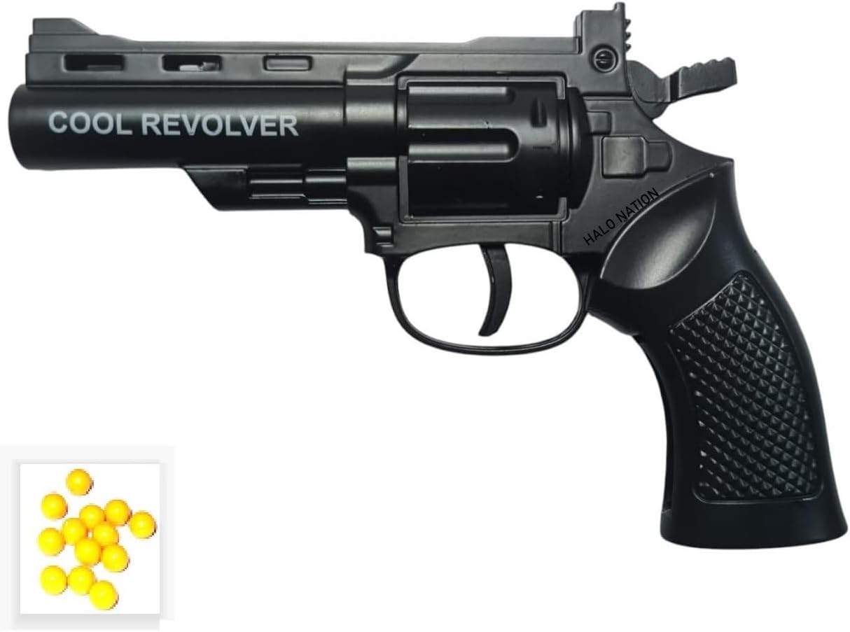HALO NATION® Mini Revolver Metal Gun Toy with 100 BB Bullets Gun Toy for Boys Diecast Foldable Pistol Display Collection - Black