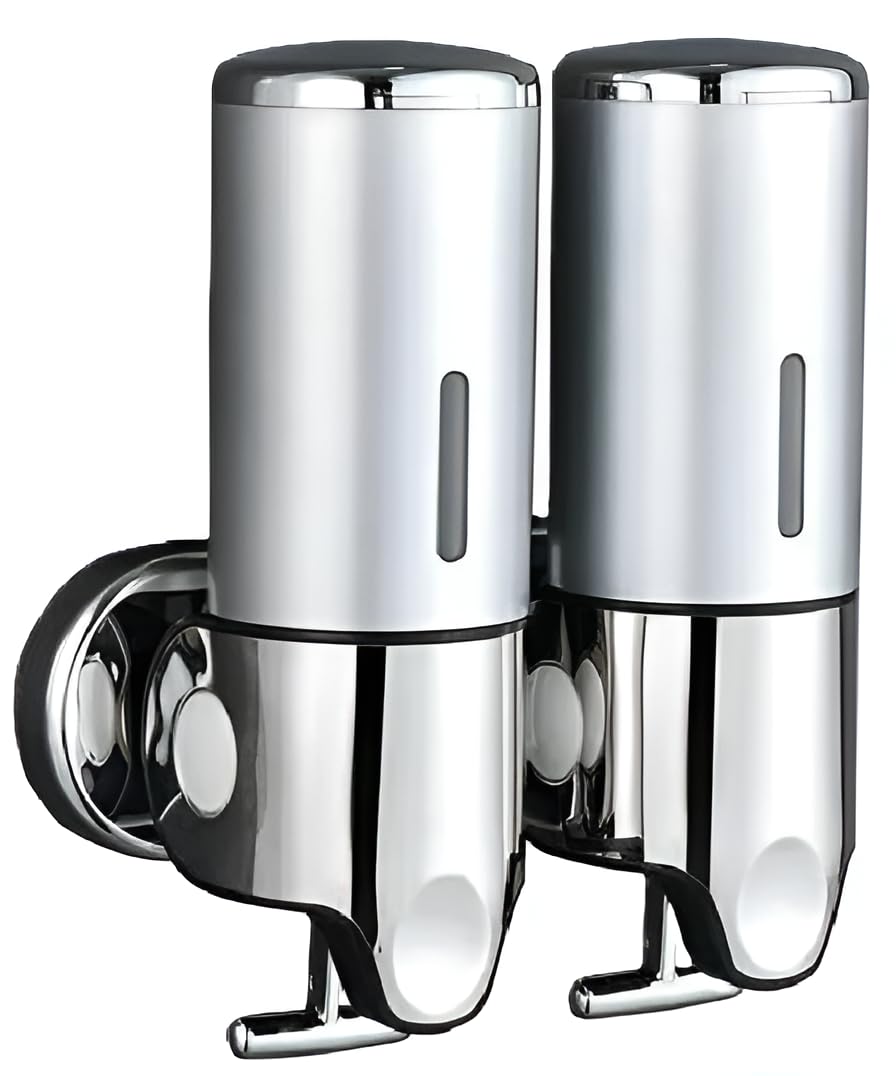 Wall Mounted Soap Dispenser Hand Wash Liquid Gel Shampoo Bathroom Kitchen Washroom Shower Container (Double Soap Dispenser Stainless Steel)