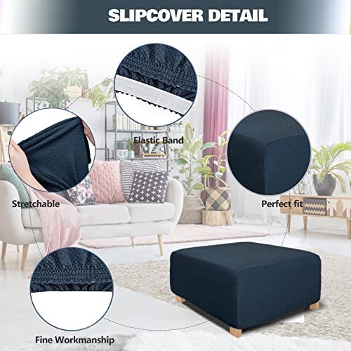 Image of NeColorLife Rectangle Ottoman Cover Jacquard Fabric Ottoman Slipcover Thick Stretchable Footrest Stool Covers for Oversized Square and Rectangle Ottoman,X-Large Size,Navy Blue