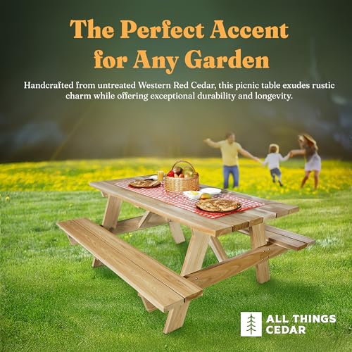 Image of All Things Cedar 6-Ft Outdoor Picnic Table, Handcrafted Wooden Patio Bench Set, Rustic Cedar