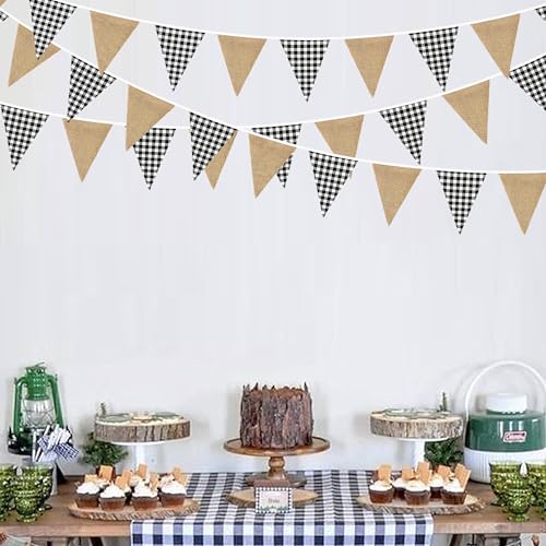 Image of 26Ft Black Gingham Plaid Burlap Banner Black Checkered Burlap Pennant Triangle Flag Garland Streamers Vintage Wall Hanging for Rustic Birthday Wedding Baby Shower Boho Picnic Camping Christmas Decor