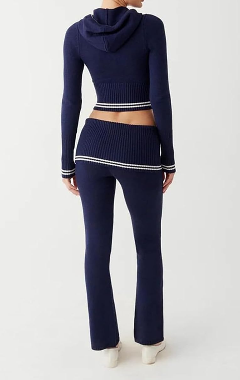 Pantaloni da donna con cappuccio elasticizzati a maniche lunghe con zip e pantaloni da salotto - Moda casual Y2k Slim Crop Top a vita alta Pantaloni skinny Abiti maglione, blu navy, M