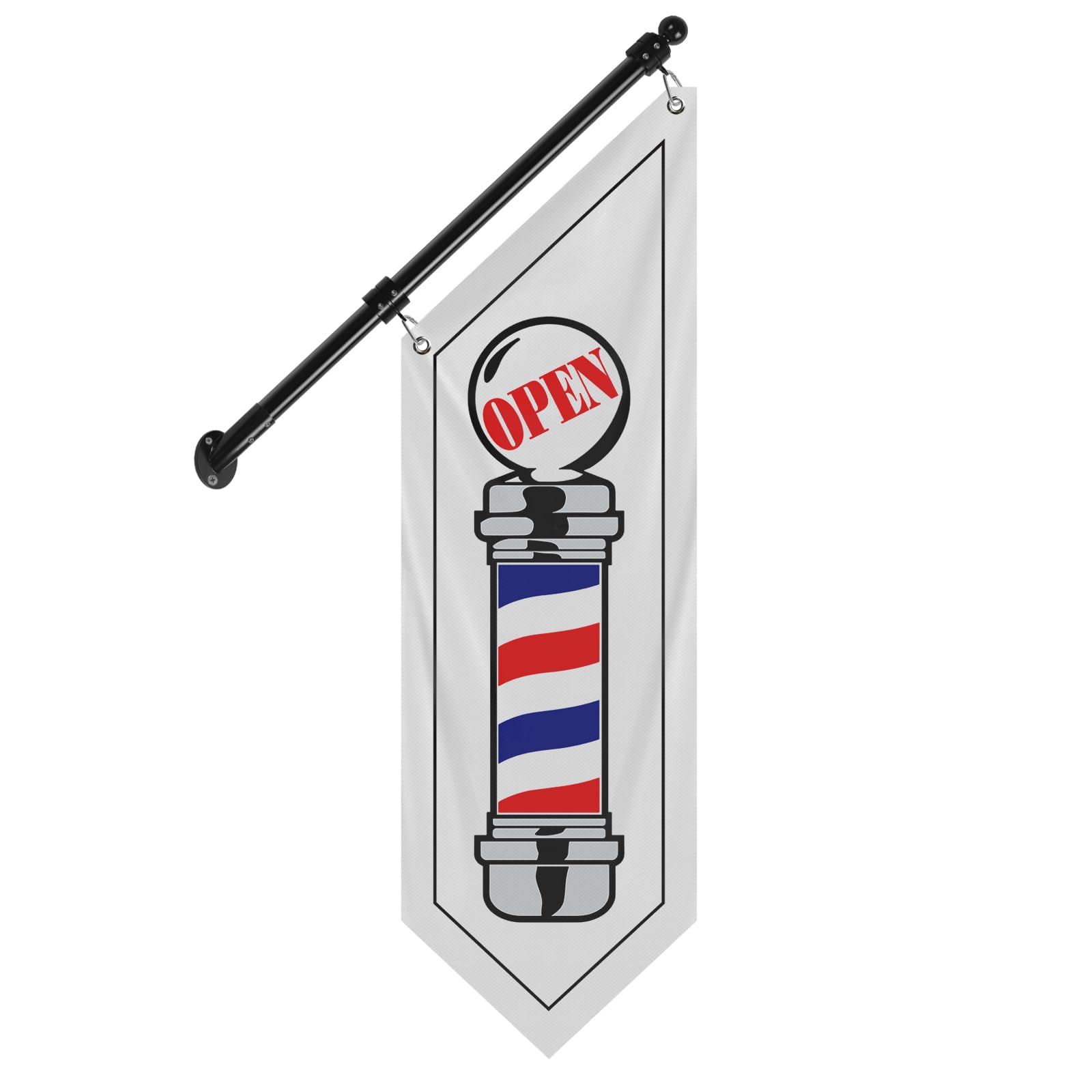 QSUM Barber Shop Wall Flag, Double-Sided Canvas Outdoor Sign with Stainless Steel Pole & Wall Mount, Weatherproof Hanging Barber Banner for Haircut– 12"x42" (White-B, 27")
