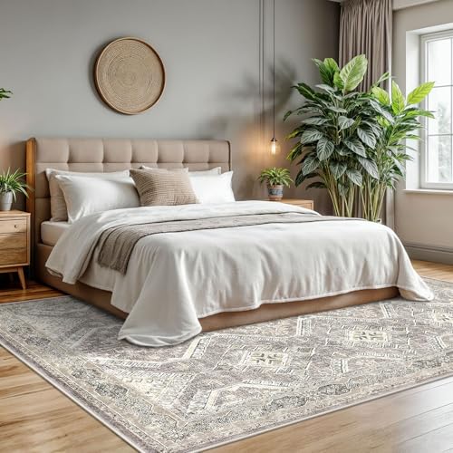 KUTA Ivory Grey Yellow Area Rugs for Living Room 8x10, Washable Large Rug for Bedroom 8ft x 10ft, Non-Slip Ultra Soft Printed Boho Oriental Distressed Dining Room Low-Pile Cozy Carpet