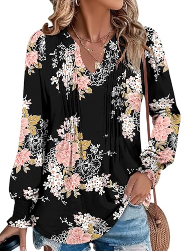 BETTE BOUTIK Long Sleeve Shirts for Women Fall Tops Dressy Blouses Pleated V Neck Tunic Tops for Leggings S-3XL