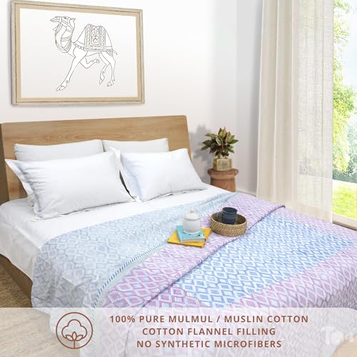 Image of TOAIArt Premium Jaipuri Dohar | AC Blanket Summer Quilt | Hand Block Printed | 3 Layers | Reversible| 150GSM 100% Mulmul Cotton| 100% Cotton Flannel Filling| Queen 90 inch X 108 inch|Vintage Geometric Pattern