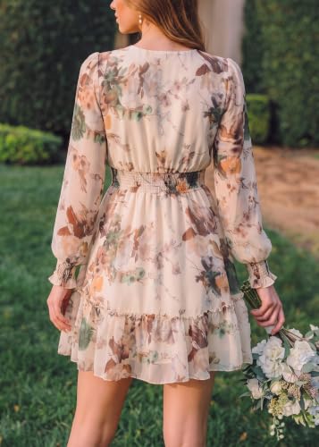 Image of Prettywear Women's Chiffon Long Sleeve Wrap Neck Wedding Guest Mini Dress | Wrap V Neck Smocked Waist Flowy Dress, Spring Fall Outfits for Cocktail, Vacation, Date Night Party
