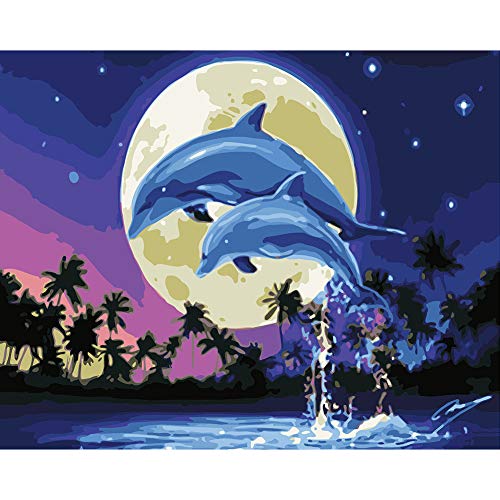 Vakind DIY Paint by Numbers for Adults Kids,15.75x19.69in Canvas Oil Painting Kit Pictures Drawing Paintwork with Paintbrushes, Acrylic Pigment- Two Dolphins