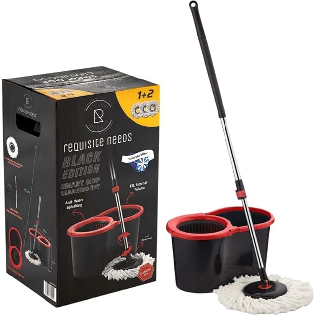 Requisite Needs Smart mop cleaning set  Black edition  Anti-splashing Strong And Sturdy Material  Easy Floor Moping System  1x Bucket + 3 Replacement Mop Heads  13 Liter (Mop + Bucket)