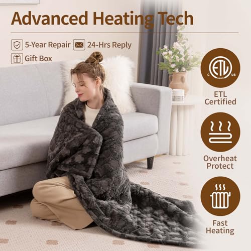 Image of Bearhug Heated Throw Blanket, 50 inchx60 inch Electric Throw, Grey Flower Patterns Faux Fur & Warm Sherpa, 4h Auto-Off Timer & 6 Heating Levels,ETL Certified, Machine Washable, Gift Box