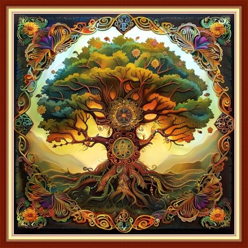 Image of Joyhoor Stamped Cross Stitch Kits for Beginners Needlepoint Kits for Adults Embroidery Kits 11CT Counted Cross Stitch Kits Printed Embroidery Pattern-Magic Tree 18x18 inchs