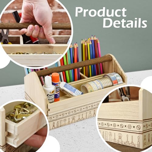 Image of Ikee Design Small Wooden 5-Compartment Craft Tool Box Caddy with Drawer and Handle, Desk Art Supply Storage Organizer for Craft Tools, Makeup Essentials, 10 W x 4.9 D x 5.5 H in