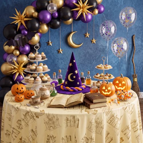 Image of Hahafelt 3 Pcs Magical Wizard Plastic Tablecloth 84 Inch Round Disposable Wizards Themed Halloween Table Cloth Magical Vintage Castle Circular Table Cover for Halloween Witch Birthday Party Supplies