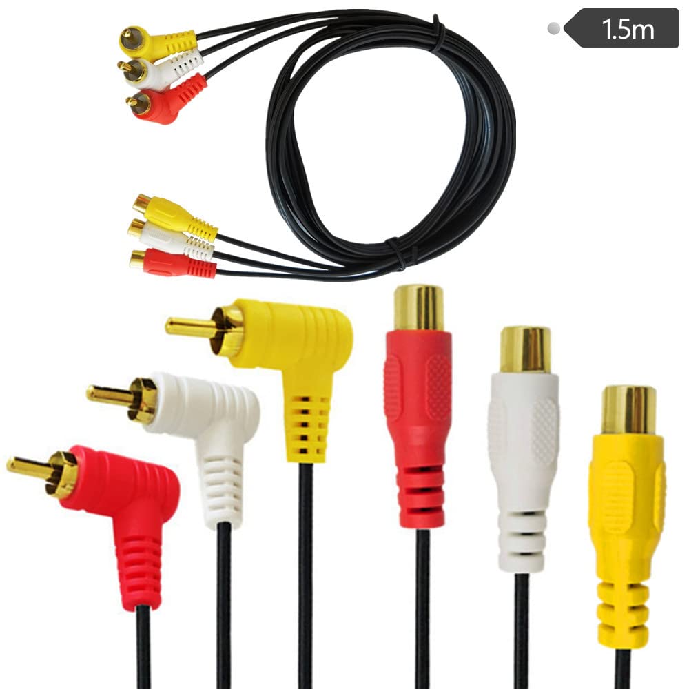 RCA Audio-Video-Kabel, 3 Cinch-Kabel – vergoldet, 90 Grad rechtwinklig, 3 Cinch-Stecker auf Buchse, Audio-Video-Kabel, 1,5 m (F auf M gebogen)
