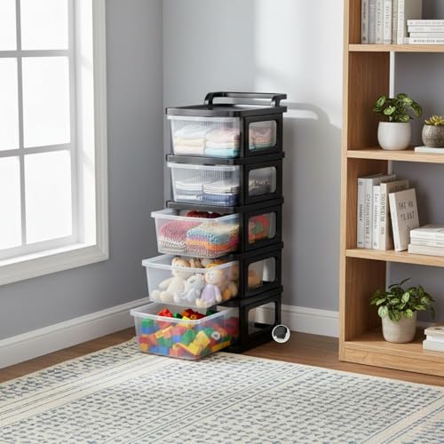 Image of Aliensware 5Layer Plastic Storage Drawer Organizer with Wheels, Modular Cabinet for Home, Office, School, Hospital, Parlor, Morden Kitchen,Clothes, Toys Organiser for Kids Room-Aliens-Clear Black