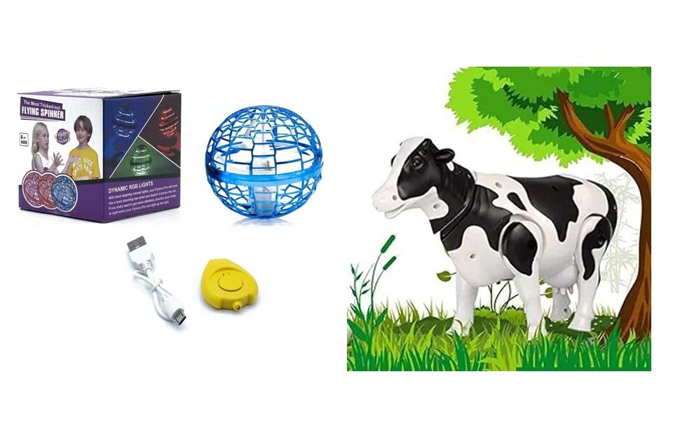 Image of Flying Spinner Ball & Musical Walking Cow Toy Combo | USB Rechargeable RGB Boomerang Ball + Battery Operated Light & Sound Cow Toy | Fun Toys for Kids (Blue)