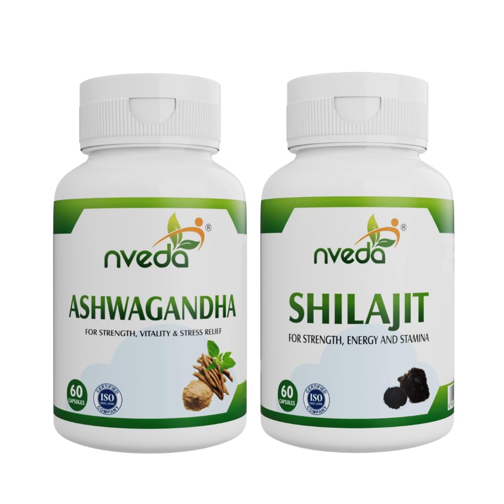 Nveda Shilajit & Ashwagandha Capsules, Improves Vitality, Anxiety & Stress, Energy & Stamina, Performance Booster for Men (120 Capsules Combo)