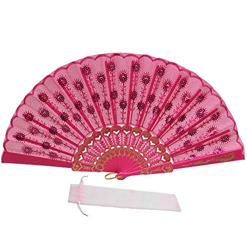 Newstarfactory Full Color Collection Embroidery Sequins Plastic Cloth Folding Fan (Hot Pink) #TOP6