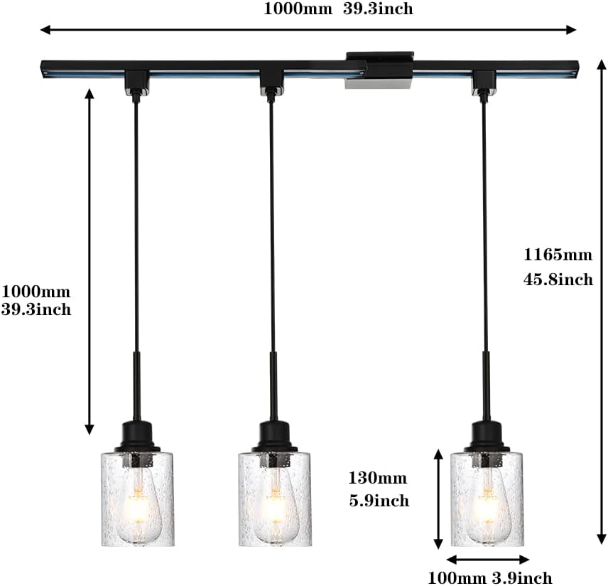 3 Pack Track Lighting Pendant Black Dining Room Chandelier with H Type Track Light Rail and Floating Canopy Connector, Industrial Kitchen Track Ceiling Light Fixtures Hanging Pendant Lamp