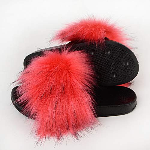 Image of MH Bailment Womens Furry Fluffy Slippers Faux Fur House Slippers Open Toe Fuzzy Slides Soft Flat Slip On Sandals for Indoor Outdoor