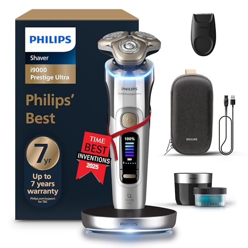Philips Shaver i9000 Prestige Ultra Wet & Dry Electric Shaver Chrome Skin IQ Pro Technology Triple Lift & Cut System 360 Rotating NanoTech Precision Blades 5 Shaving Modes Model XP9404/31