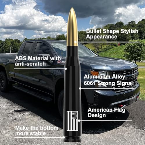 Image of Car Truck Antenna with Tire Valve Caps American Flag Universal Short Replacement for GMC Sierra Chevy Silverado Dodge Ram 1500 2500 3500 Ford F150 F250 F350 Super Duty Raptor Accessories, Gold