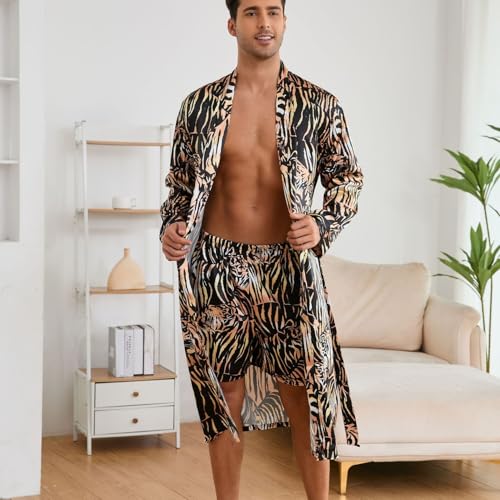 Lu's Chic Men's Long Sleeve Pajamas Soft Satin Robe Pj Shorts 2 Piece Summer Comfy Satin Fall Luxury Thin3