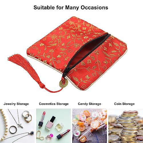 Image of PINOWU 8pcs Silk Brocade Jewelry Bags with Zipper (11.5x11.5cm), Jewellery Silk Purse Pouch Gift Bags for Women Coins Traveling Jewelry Rolls Wedding Birthday Party Favors (Pack of 2)
