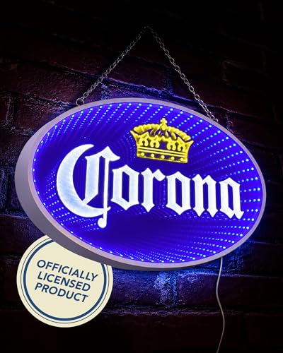 Image of Corona Beer Infinity Mirror LED Neon Light Sign for Man Cave, Home Bar, Garage, Game Room & Pub Decor, Blue Wall Art with 3D Tunnel Lighting Effect, USB Powered Hanging Beer Bar Sign