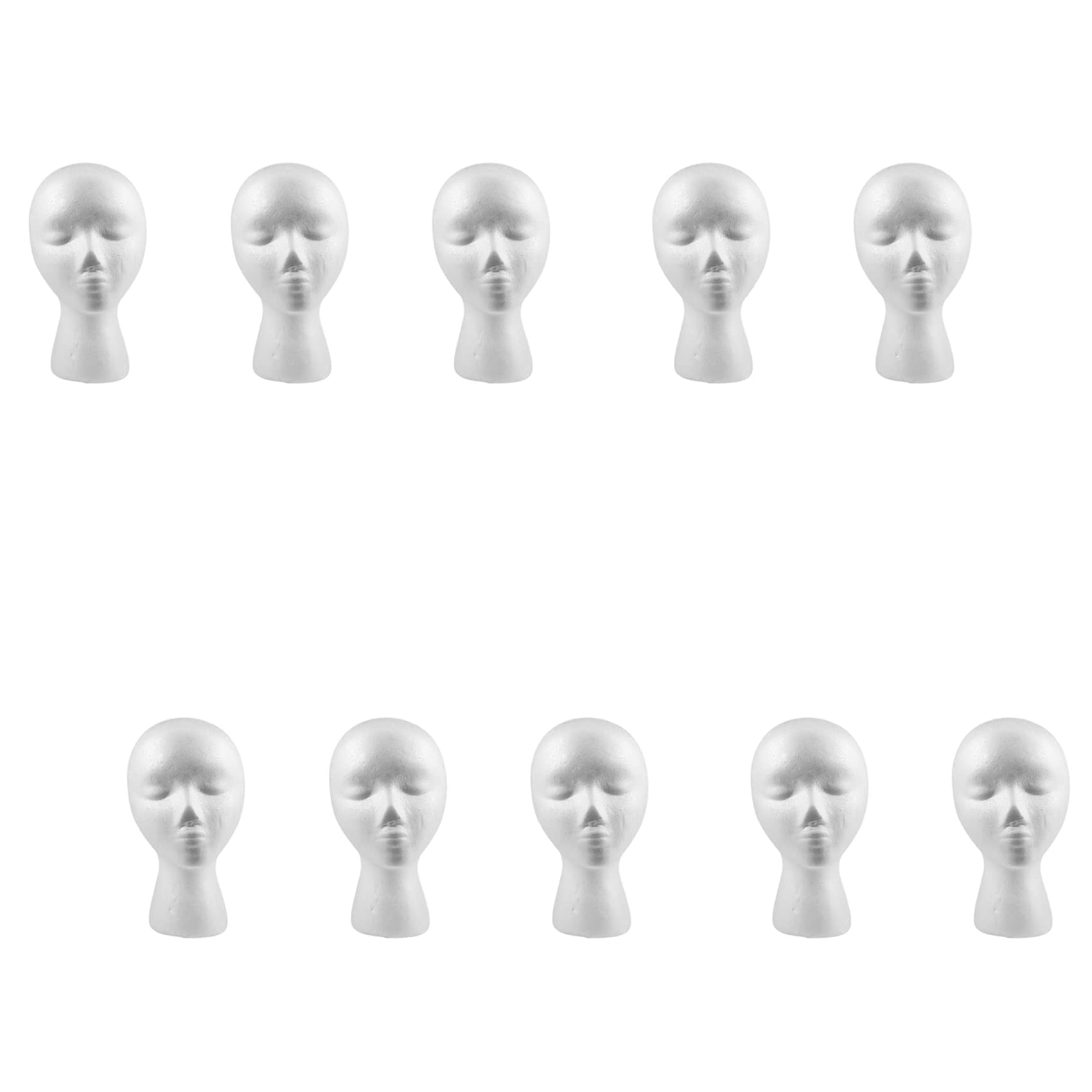 Lot de 10 têtes de mannequin en mousse féminine (polystyrène) - 27,5 x 52 cm - Pour casquettes, écouteurs, accessoires pour cheveux et perruques, femmes