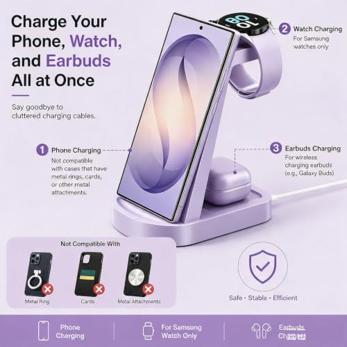 Image of Wireless Charging Station for Samsung /Android, Fast Wireless Watch Charger Station Compatible for Samsung Galaxy S26 Ultra /S25 /S24+ /Z Flip 7 /6 Fold 7 /6, Watch8 /7 /Pro /Active 2 Galaxy Buds3 /2 Pro(Purple
