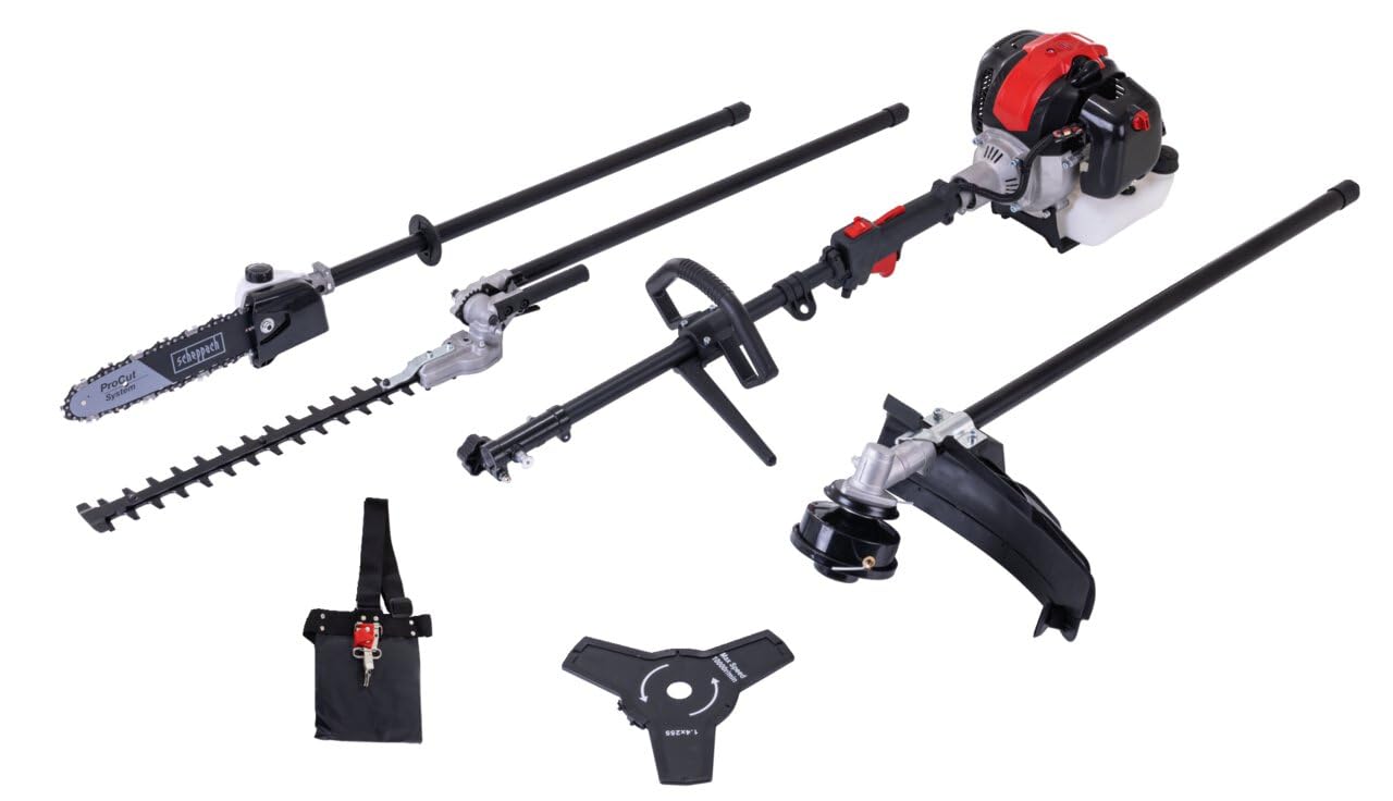 Scheppach Herramienta 4 en 1 Multifunción PMT520 – Motor de 2 tiempos – 52 cm3-1.9 CV – desbrozadora, cortado-basuras, corta-cortadores y podadora – sistema antivibración