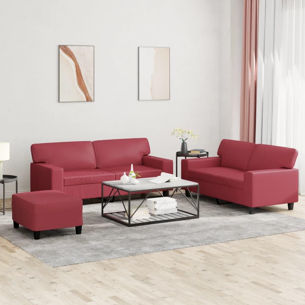 Juego de 3 muebles de piel sintética con taburete y cojín, color