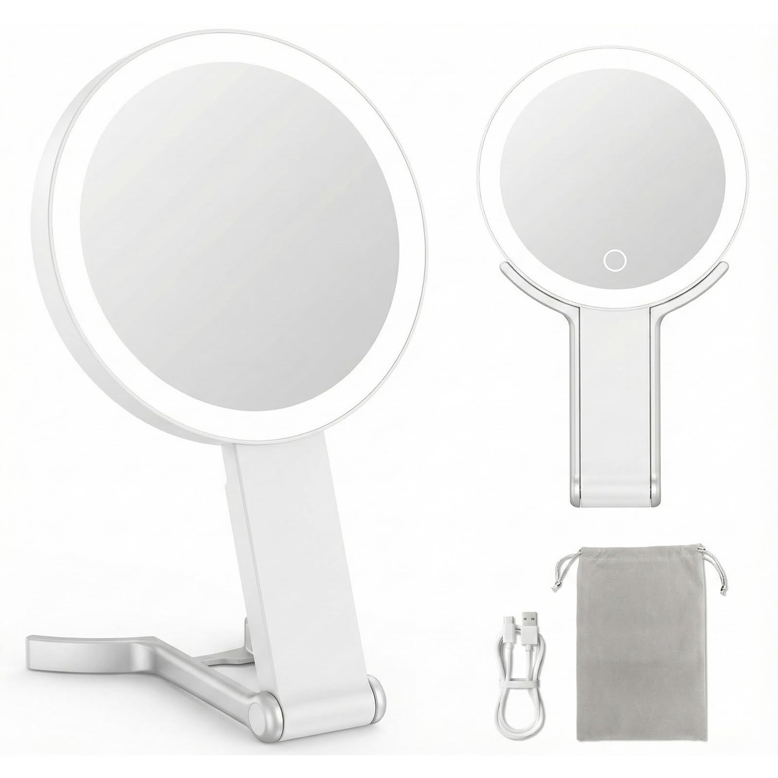 Travel Makeup Mirror with Light, Double Sided 10X /1X Magnifying Mirror with Light, Rechargeable Portable Lighted Beauty Mirrors, 3 Color Lighting Dimmable Touch Screen,Hand Mirror Hanging Tabletop