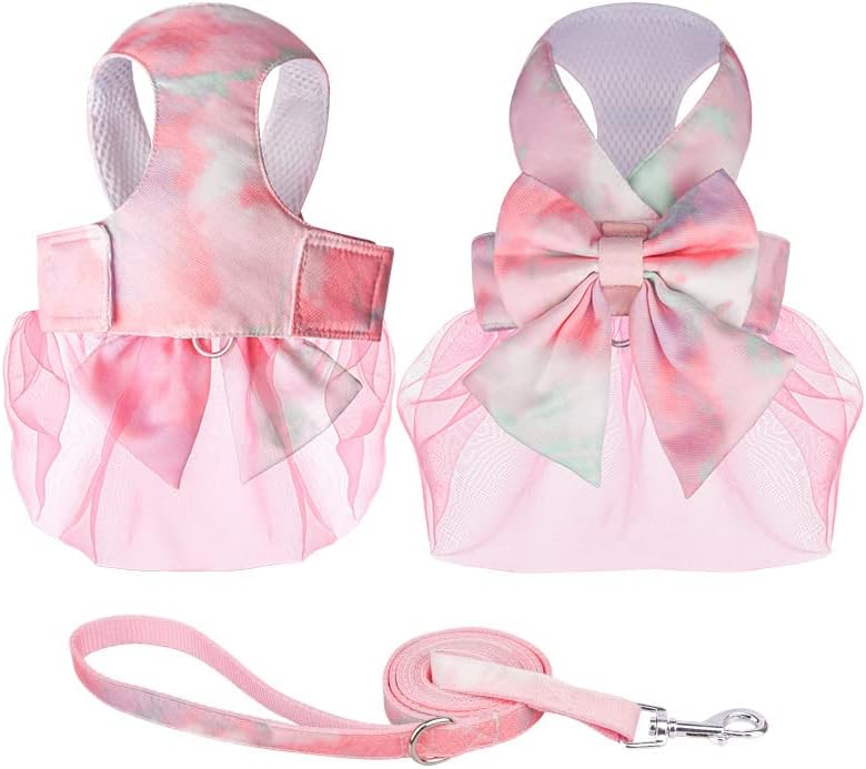Miniatura 6 de Nuatpetin Arnés de malla para perro con correa, correa ajustable para perros pequeños y niñas, bonito chaleco reflectante con lazo rosa para