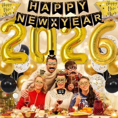 2026 Happy New Years Decorations Set New Years Eve Party Supplies 2026, Gold Numbers 2026 Balloons, New Year Photo Props and Happy New Year Glasses - Image 6