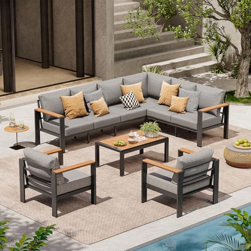 Image of Aluminum Outdoor Patio Furniture Set, 8 Seats Patio Conversation Sets, Oversized Outdoor Sectional with Washable Thick Cushions & Coffee Table for Backyard, Garden and Poolside, Gray