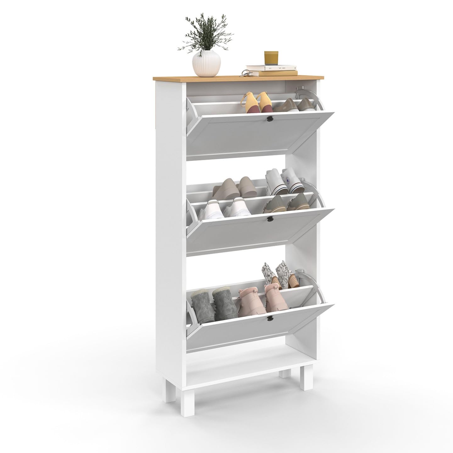 IDMarket – Mueble para zapatos 18 pares Aquiles 3 puertas blanco y bandeja madera